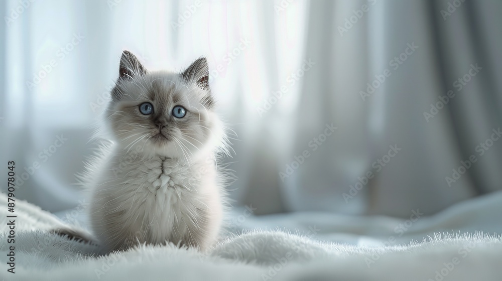 Fototapeta premium beautiful fluffy cat with blue eyes lying on a bed