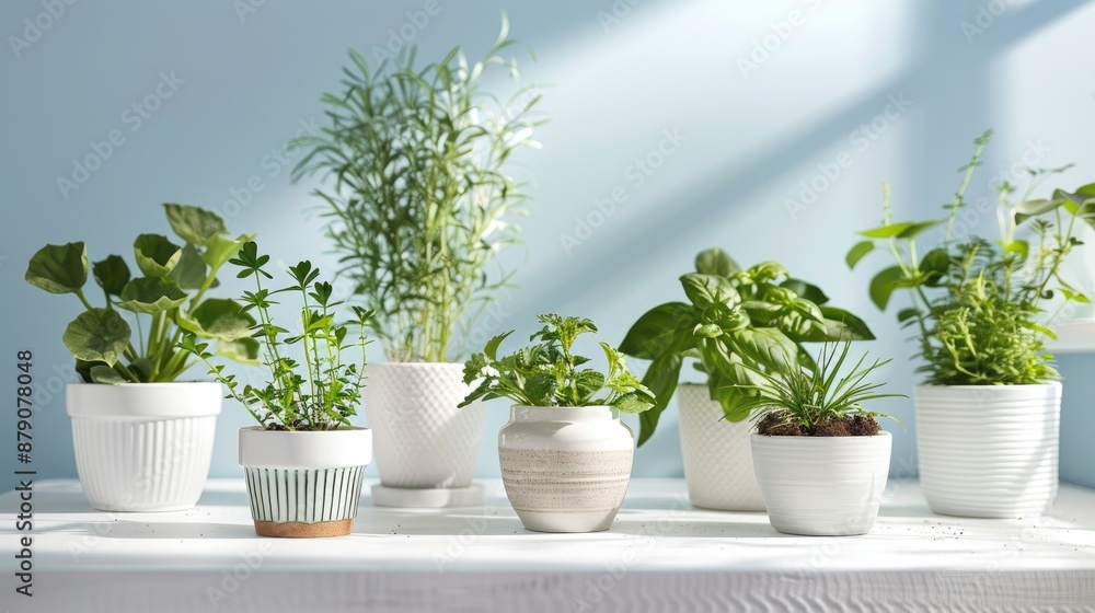 Indoor gardening with white potted houseplants on white surface Indoor gardening with white potted houseplants on white surface