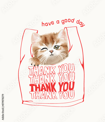 cute cartoon kitten in thank you bag hand drawn vector illustration