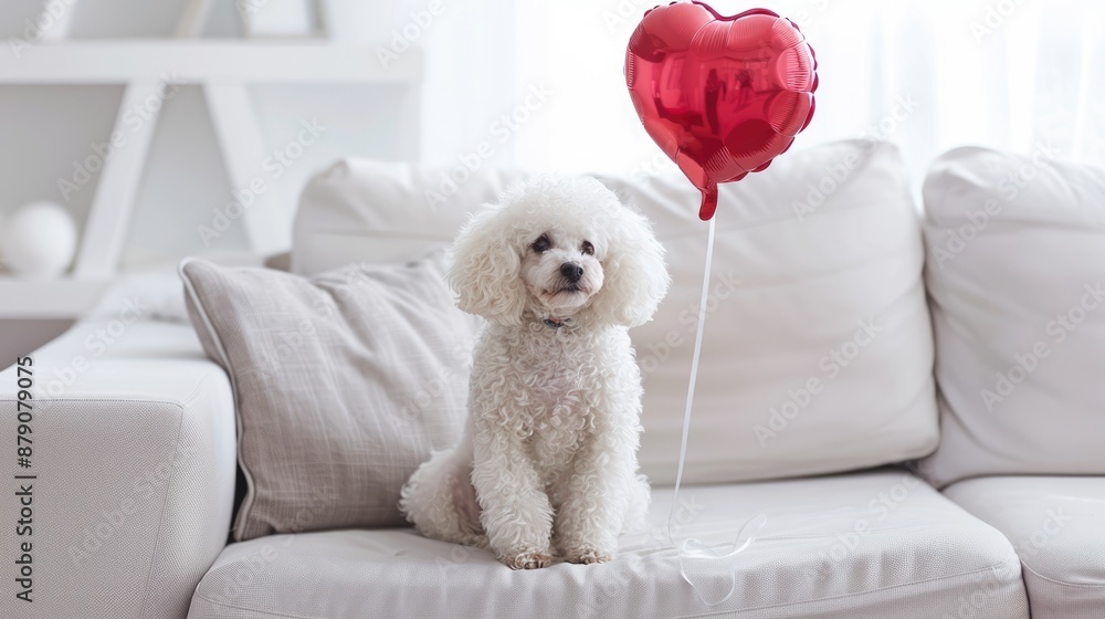 White Poodle with a Red Heart Balloon on a White Sofa White Poodle with a Red Heart Balloon on a White Sofa
