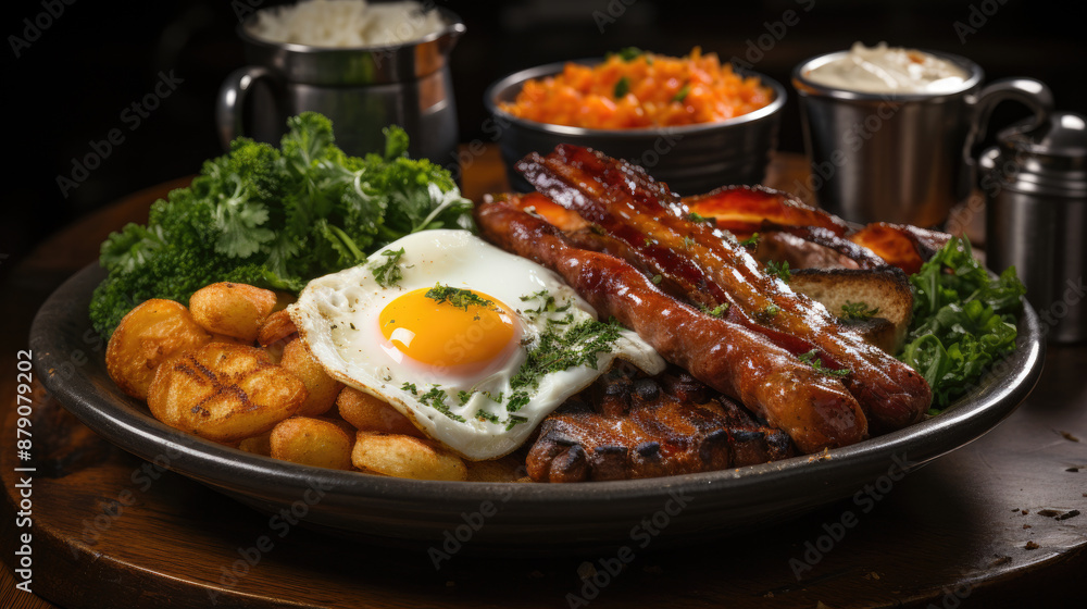 Fototapeta premium Full English breakfast with crispy bacon, soft scrambled eggs, stewed plum tomatoes, garlic mushrooms, hash browns and grilled onions on wooden table