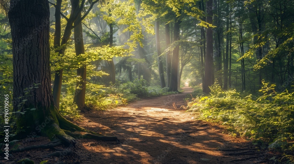 Obraz premium Sunbeams in a Forest Path.