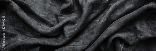 Black canvas background with rough woven texture, top view. Black fabric texture background. black linen cloth. dark grey material banner. wide shot, ultra realistic photography