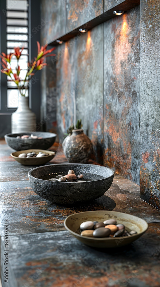 Zen Spa Setting with Smooth Stones in Bowls, Warm Lighting, and Natural Decor for Relaxation and Meditation Zen Spa Setting with Smooth Stones in Bowls, Warm Lighting, and Natural Decor for Relaxation and Meditation