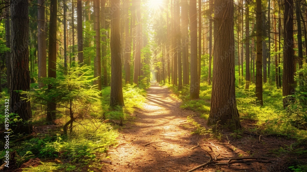 Obraz premium Sunlit Path Through Lush Forest.