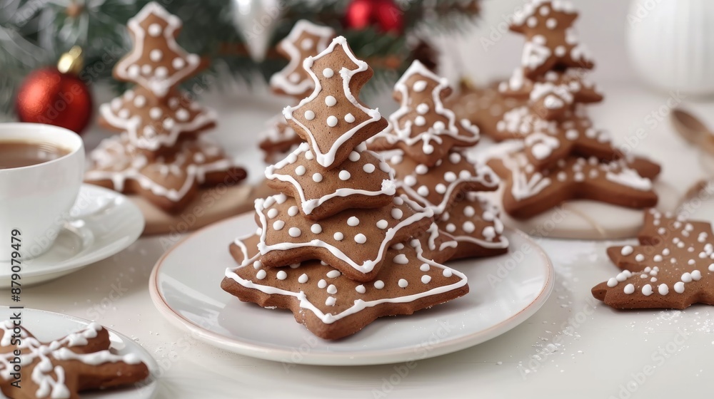 Gingerbread Christmas tree cookies with kitchen items on white table Gingerbread Christmas tree cookies with kitchen items on white table