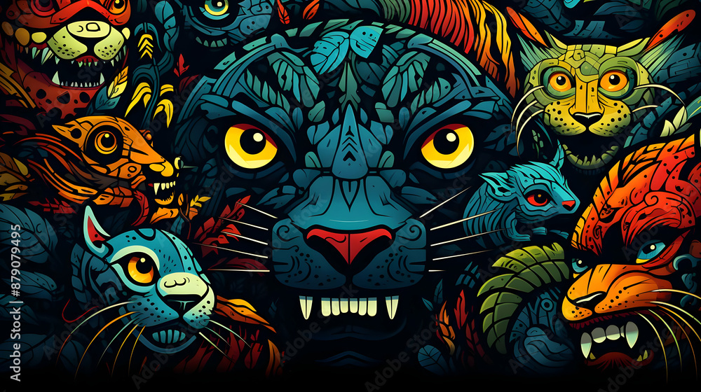 Feline Frenzy: A Colorful Illustration of Panther Faces Feline Frenzy: A Colorful Illustration of Panther Faces