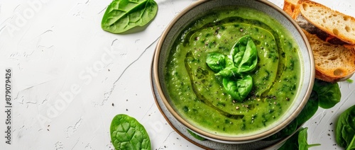 Creamy spinach soup with a dramatic and clear presentation, emphasizing its vibrant green color and smooth texture Perfect for culinary-themed designs or recipe illustrations