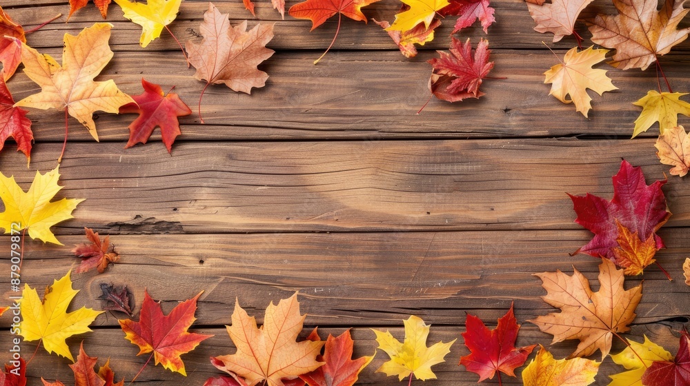 Obraz premium Fall foliage from wooden background excluding top yellow and red leaves