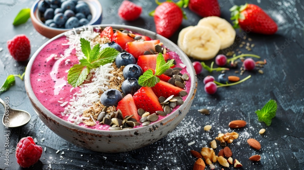 Delicious Acai Bowl with Fresh Fruit, Nuts and Seeds. Delicious Acai Bowl with Fresh Fruit, Nuts and Seeds.