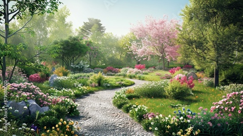 Serene Garden Path with Blooming Flowers.
