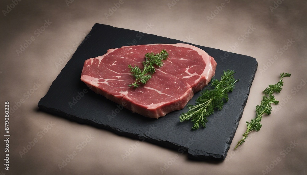Raw steak slices on black slate surface surrounded by antlers and fresh green herbs in rustic culinary setting Raw steak slices on black slate surface surrounded by antlers and fresh green herbs in rustic culinary setting