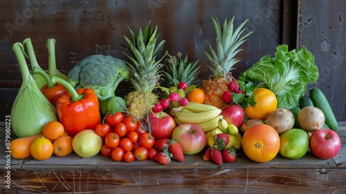 Fresh Fruits and Vegetables on Wooden Table.