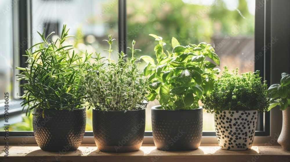 Green potted plants on a windowsill. Green potted plants on a windowsill.