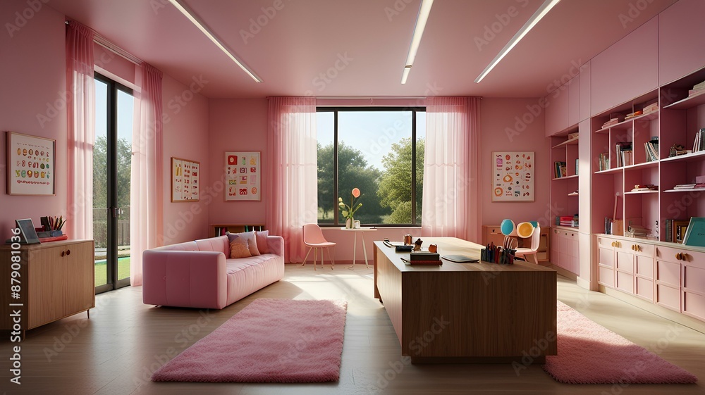 Bathed in a soft pink glow, this classroom merges contemporary design with a touch of whimsy. Bathed in a soft pink glow, this classroom merges contemporary design with a touch of whimsy.