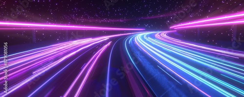 Abstract background of purple and blue light streaks on a dark road.