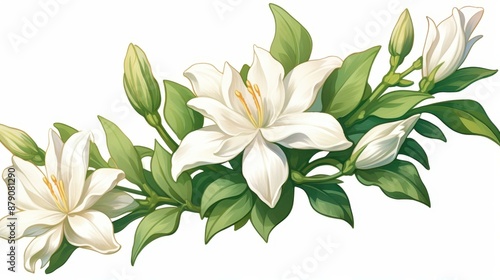 Soft watercolor illustration of white jasmine flowers with delicate shading, perfect for spring designs.