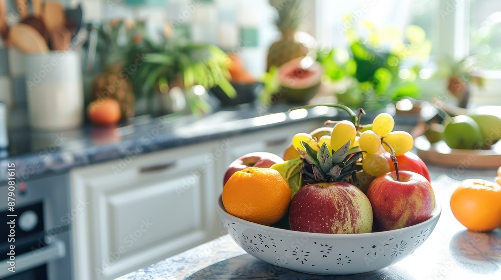 Fresh Fruit in a Bowl on a Kitchen Counter. Fresh Fruit in a Bowl on a Kitchen Counter.