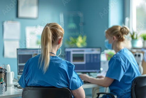 Female Nurse Working At Nurse's Station In A Hospital