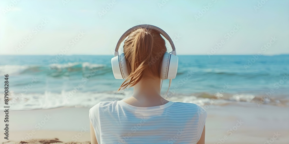 Φωτογραφία Animation loop of a girl with headphones working on the beach while listening to lofi music