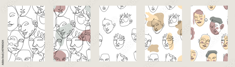 Card or poster set with one single line drawing of female face and abstract geometric shapes. Earthy neutral minimalist portrait. Modern trendy fashion sketch of woman figure Card or poster set with one single line drawing of female face and abstract geometric shapes. Earthy neutral minimalist portrait. Modern trendy fashion sketch of woman figure
