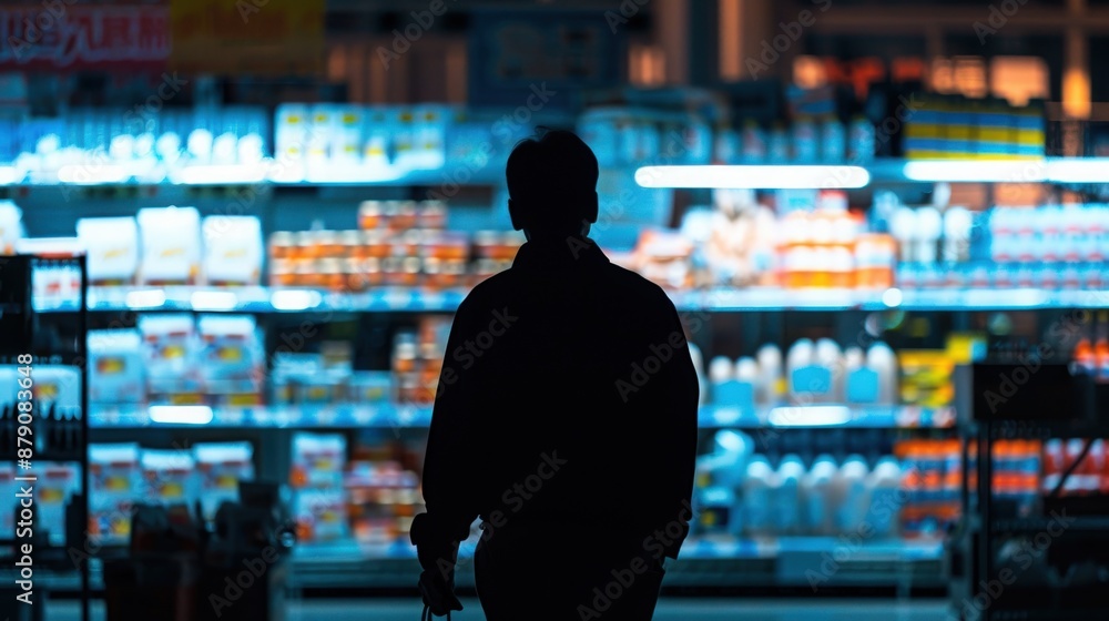 Silhouette of a shopper in a supermarket aisle during night, with shelves stocked with various products illuminated in the background. Silhouette of a shopper in a supermarket aisle during night, with shelves stocked with various products illuminated in the background.