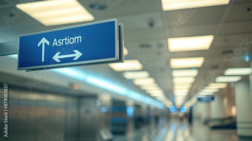 A blue sign with white lettering indicating the direction to a nearby airport  showcased against a neutral background to assist travelers in reaching their destinations.