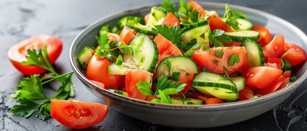 Fresh tomato and cucumber salad, Vibrant, Photography, Crisp and colorful Fresh tomato and cucumber salad, Vibrant, Photography, Crisp and colorful