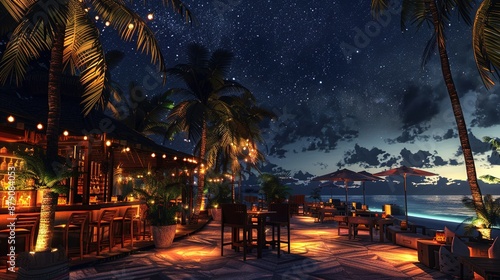 A beachfront nightclub with open-air dance floors, palm trees, tiki bars, and ocean views under a starry sky.