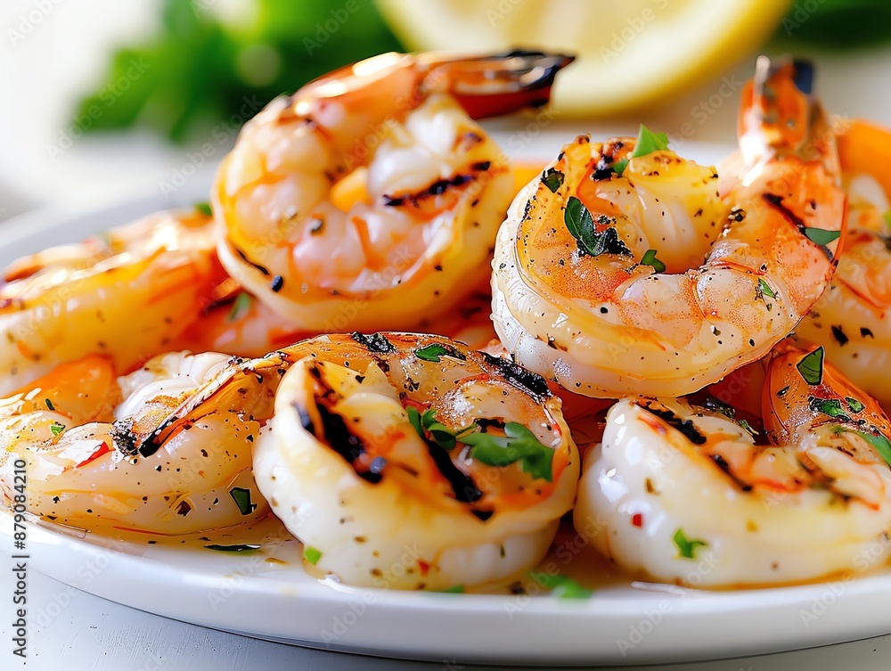 Lemon herb grilled shrimp, Zesty, Photography, Closeup of juicy and golden shrimp Lemon herb grilled shrimp, Zesty, Photography, Closeup of juicy and golden shrimp
