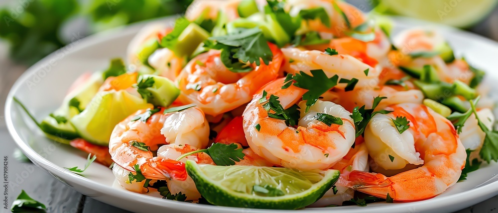 Light shrimp ceviche with lime and cilantro, Zesty, Photography, Closeup of fresh and tangy ceviche Light shrimp ceviche with lime and cilantro, Zesty, Photography, Closeup of fresh and tangy ceviche
