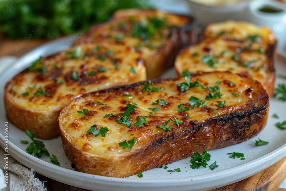 A plate of Welsh rarebit, melted cheese on toast with a savory sauce, garnished with fresh parsley. A plate of Welsh rarebit, melted cheese on toast with a savory sauce, garnished with fresh parsley.