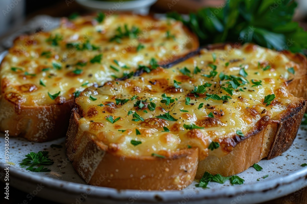 A plate of Welsh rarebit, melted cheese on toast with a savory sauce, garnished with fresh parsley. A plate of Welsh rarebit, melted cheese on toast with a savory sauce, garnished with fresh parsley.