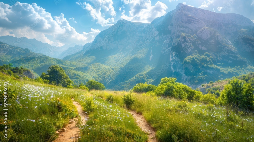 Path Through Lush Green Mountain Landscape. Path Through Lush Green Mountain Landscape.