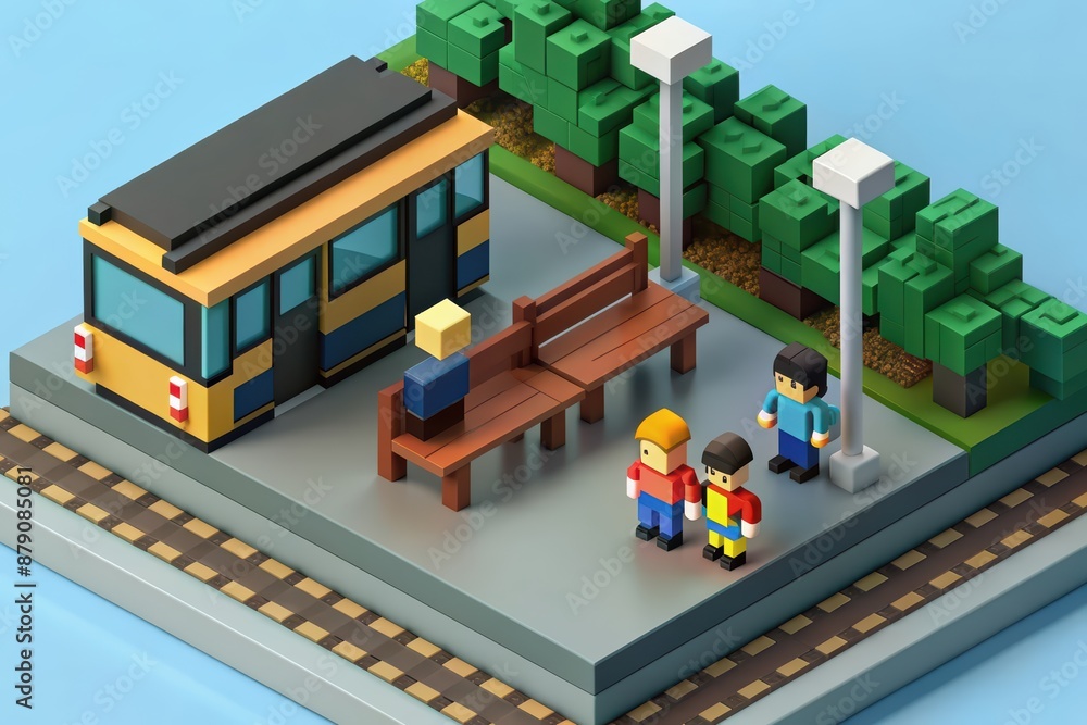 Miniature family waiting at a bus stop together Miniature family waiting at a bus stop together
