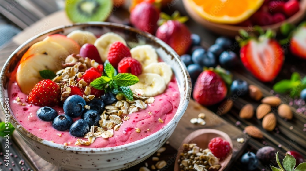 Fresh Fruit Smoothie Bowl with Granola and Nuts. Fresh Fruit Smoothie Bowl with Granola and Nuts.
