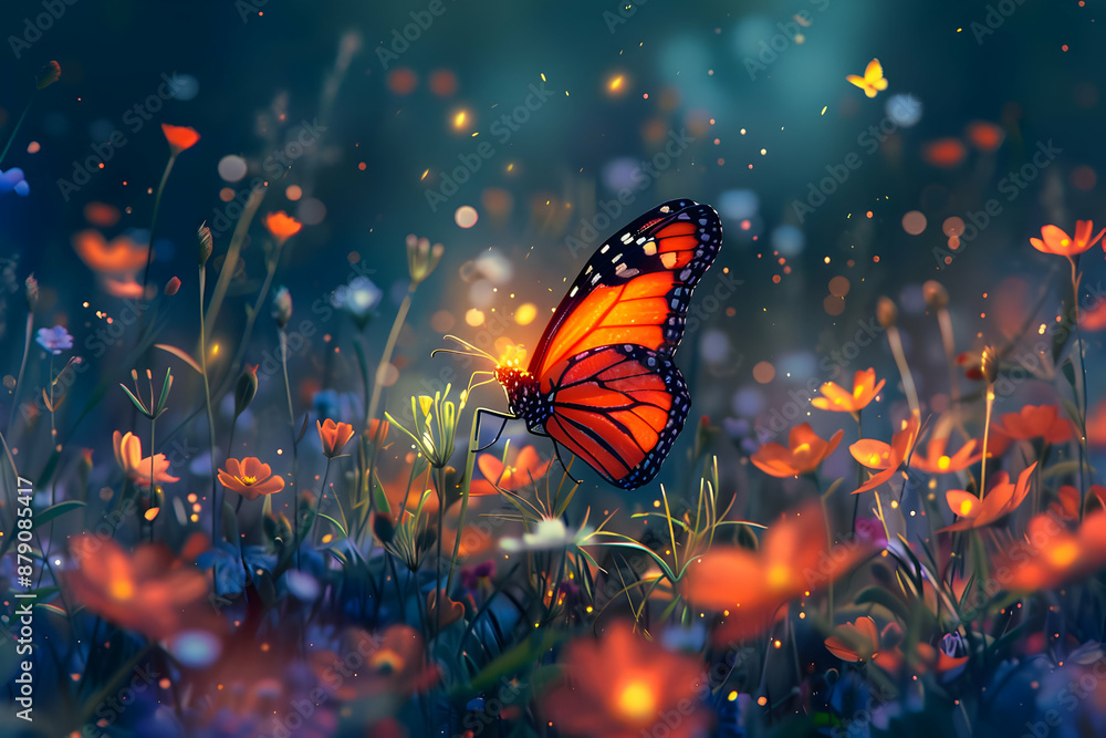 Monarch Butterfly Illustration in a Field of Flowers Monarch Butterfly Illustration in a Field of Flowers