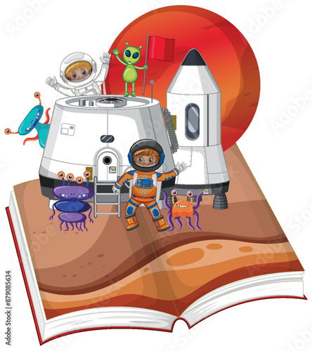 Astronauts and aliens exploring Mars together