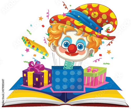 Colorful clown emerging from an open book