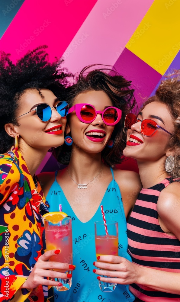 vibrant and colorful photo of three women in modern fashion holding drinks with big smiles on their faces and bold sunglasses vibrant and colorful photo of three women in modern fashion holding drinks with big smiles on their faces and bold sunglasses