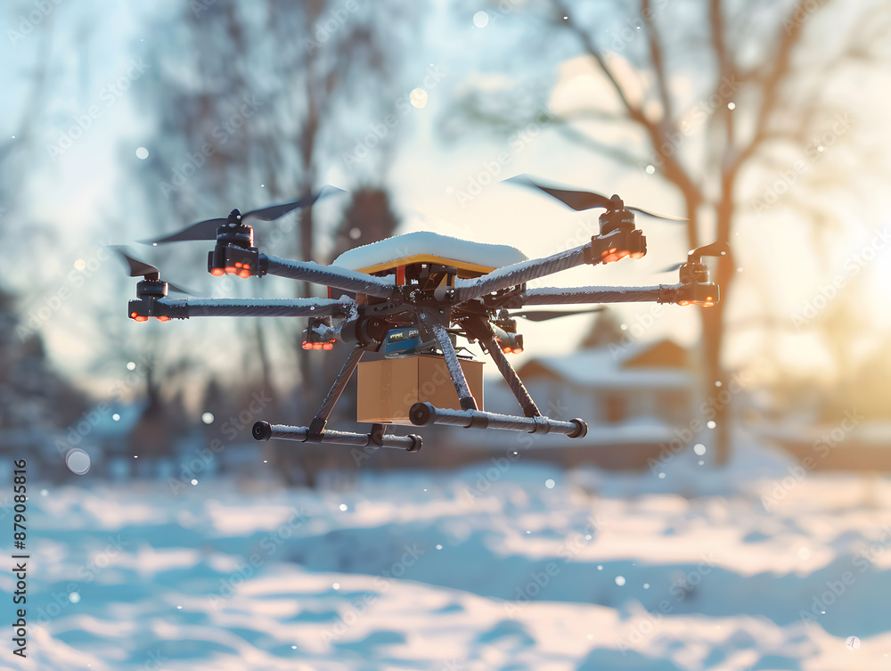 A flying drone delivers cargo in a box. Neural network AI generated art A flying drone delivers cargo in a box. Neural network AI generated art