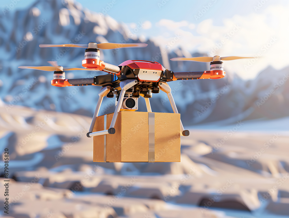 A flying drone delivers cargo in a box. Neural network AI generated art A flying drone delivers cargo in a box. Neural network AI generated art
