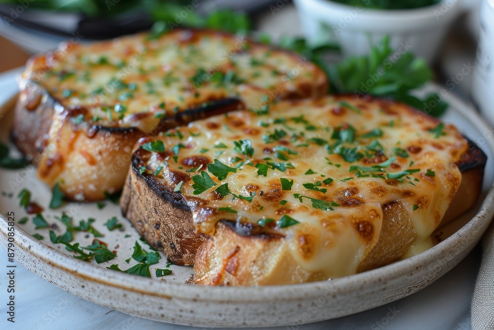 A plate of Welsh rarebit, melted cheese on toast with a savory sauce, garnished with fresh parsley. A plate of Welsh rarebit, melted cheese on toast with a savory sauce, garnished with fresh parsley.