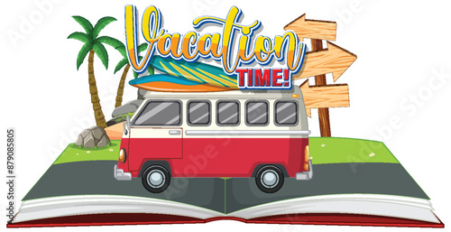 Retro van on open book with palm trees