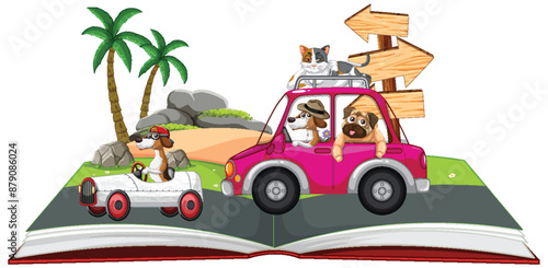Pets driving cars on an open book