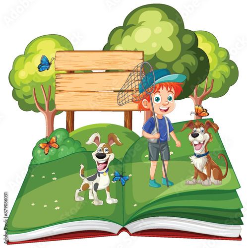 A boy and dogs in an open book