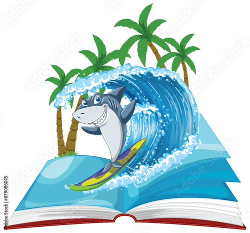 A shark surfing out of an open book
