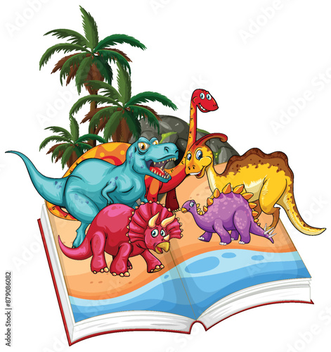Colorful dinosaurs coming out of an open book