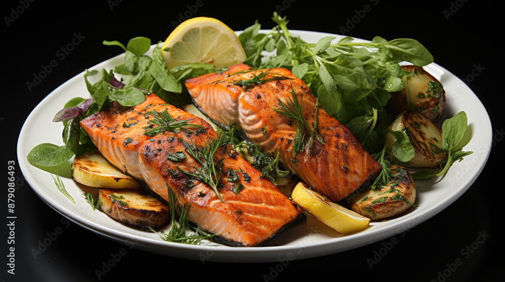 Grilled salmon fillet with baked potatoes, zucchini, asparagus, lemon slices and herb salad on a plate on a dark background Grilled salmon fillet with baked potatoes, zucchini, asparagus, lemon slices and herb salad on a plate on a dark background