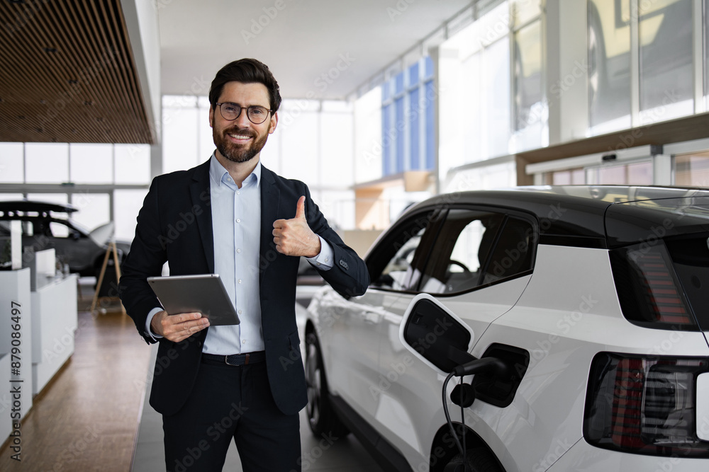 Dealer in showroom showcasing new electric car to customer giving thumbs up. Modern car dealership interior. Salesman holding tablet representing eco-friendly vehicle electric mobility sustainability. Dealer in showroom showcasing new electric car to customer giving thumbs up. Modern car dealership interior. Salesman holding tablet representing eco-friendly vehicle electric mobility sustainability.